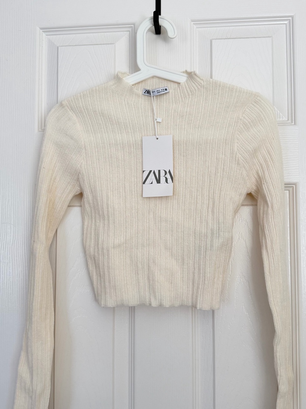 ZARA Cream Ribbed Mock Neck Long-Sleeve Top